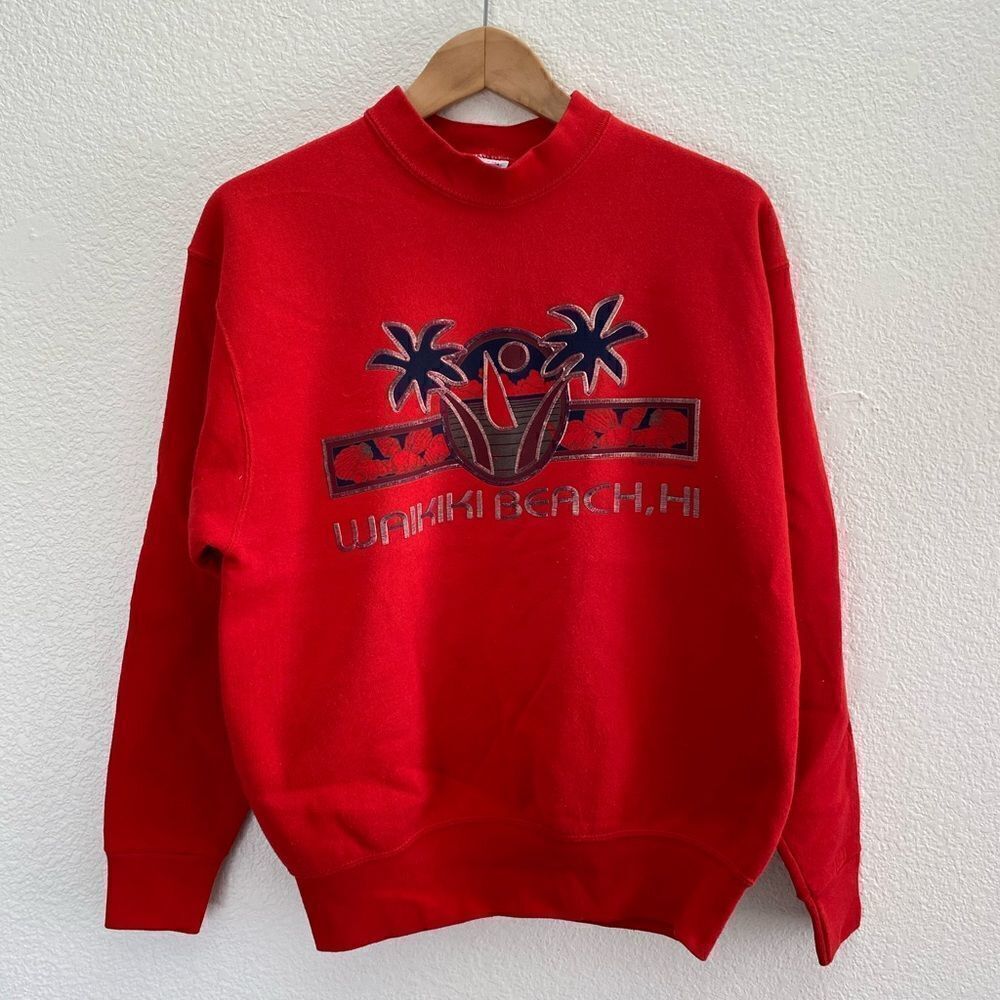 Vintage Waikiki Beach Hawaii HI Sweatshirt Size Medium VTG Red Color Stitched